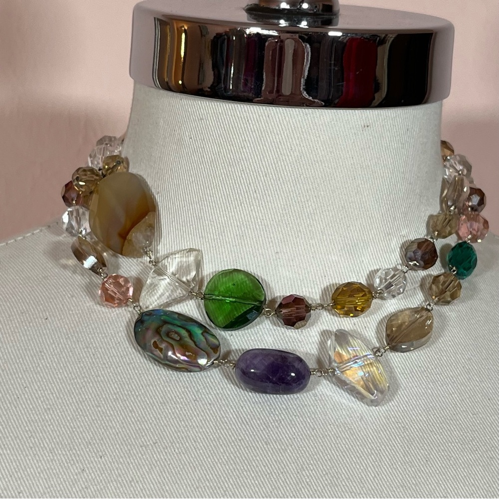 Vintage Heavy semi precious stone AB Crystal Beaded Boho Art deco Long Necklace
